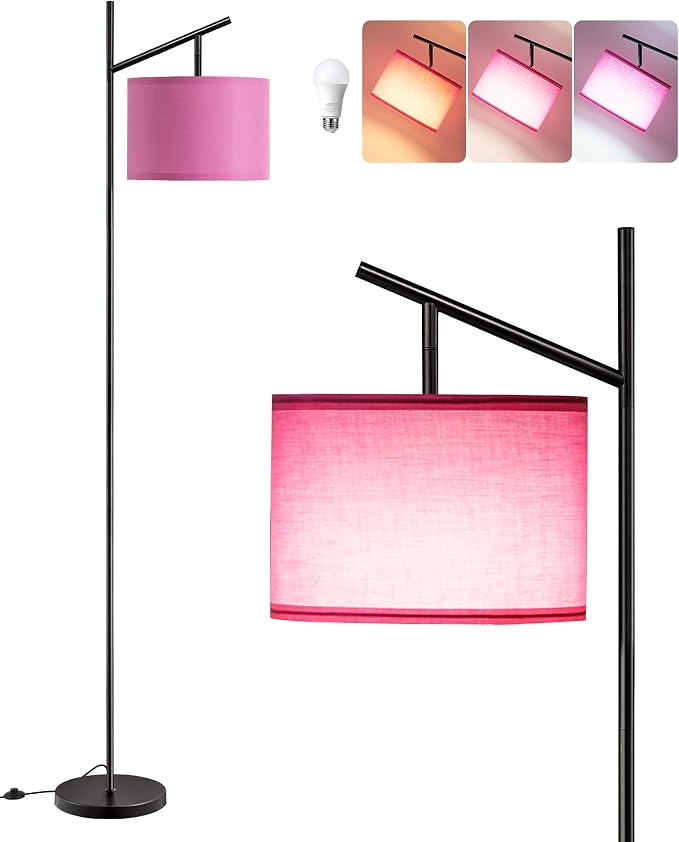 EDISHINE Pink Modern Floor Lamps for Living Room, 64.7" Arc Standing Lamp | 3CCT LED Bulb Included, Adjustable Linen Shade, Foot Switch, Tall Light for Office, Bedroom, Living Room