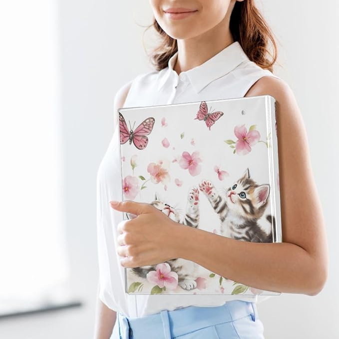 Butterfly Cute Cat Binder 1.5 Inch Binder with Clipboard&Pockets, Kitty with Pink Floral Hardcover Binders 3 Ring Heavy Duty Large File Folder for Office School Supplies-Holds 200 Sheets, 2 PC