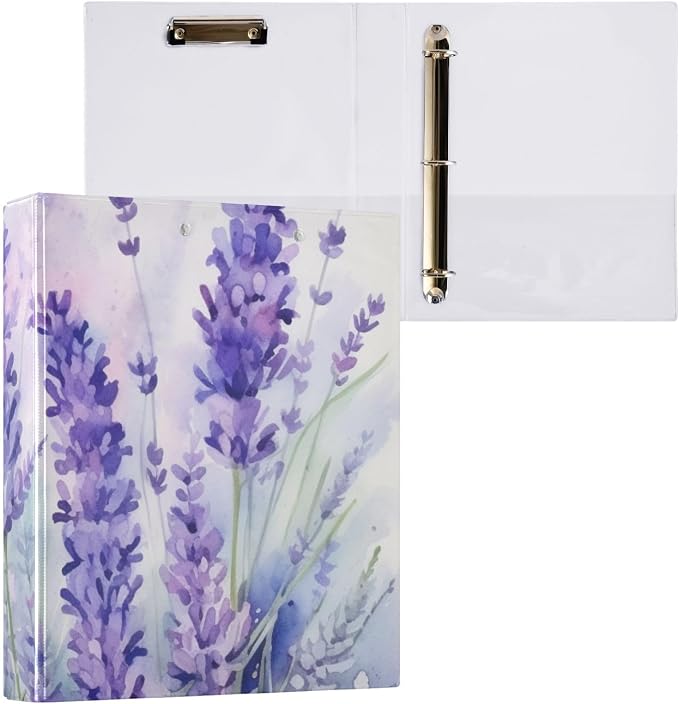 Purple Lavender Flower 3 Ring Binder with 2 Interior Pockets 1.5 inch Binders 3 Ring Heavy Duty Fit 8.5" x 11" Letter Size for Office School, 2 Pack