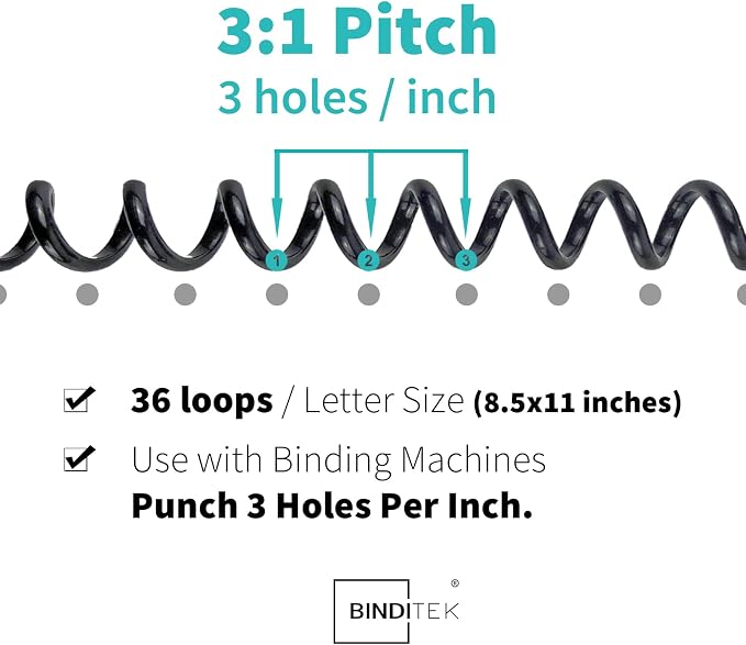 Binditek Plastic Spiral Binding Coils, Multi Size 3:1 Pitch, Black 60 Pack | Multi Size (8mm, 10mm, 11mm, 14mm, 16mm), 36 Loops, for Letter-Size School and Office Projects