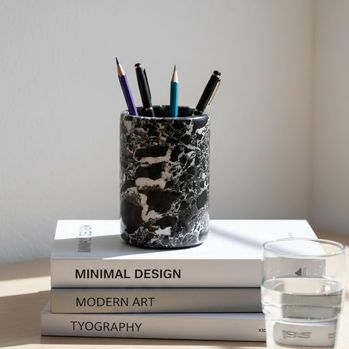 Radicaln Marble Pen Holder For Desk 4" Inches Black Handmade Pencil Holder & Pen Holder for Home & Office Desktop Organizer, Ideal Marble Toothbrush Holder