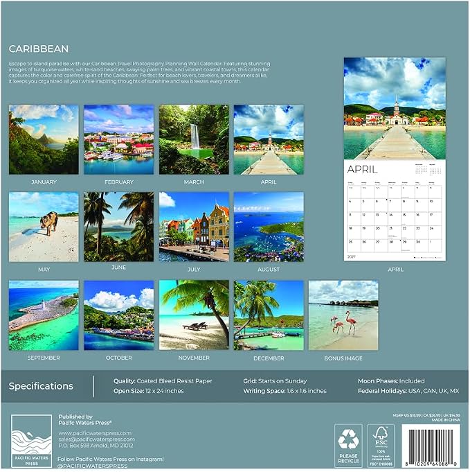 Caribbean 2027 Wall Calendar, 12 x 24 Hanging Pacific Waters Press