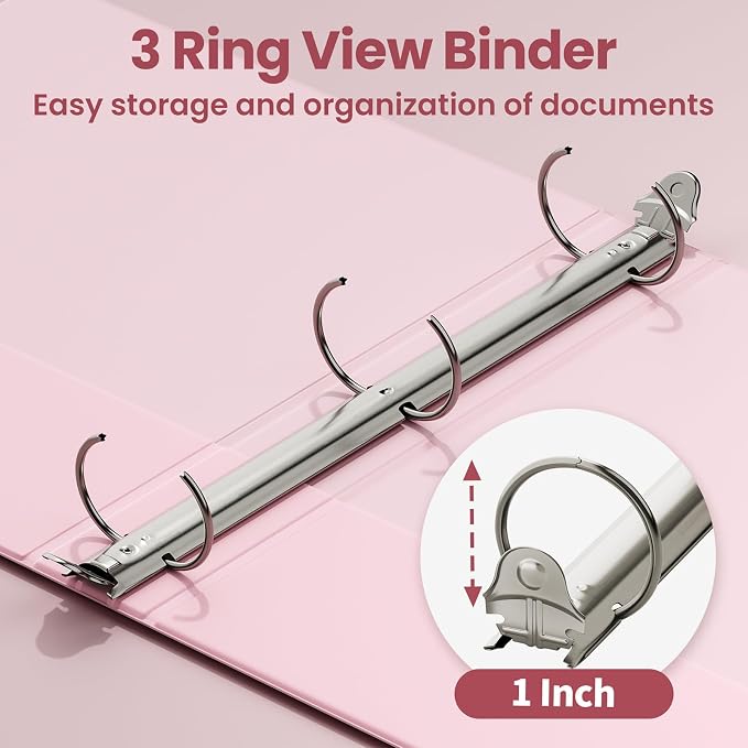 SUNEE 1 Inch Binders 3 Ring 6 Pack, Clear View Three Ring Binder PVC-Free (Fit 8.5x11 Inches) for School or Office Supplies, Pink