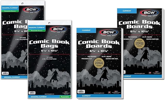 BCW Current Comic Book Bags and Backing Boards, 200 Count | Acid-free clear sleeves, 24-pt SBS support, 3% calcium carbonate buffer, fits modern issues, protects during storage