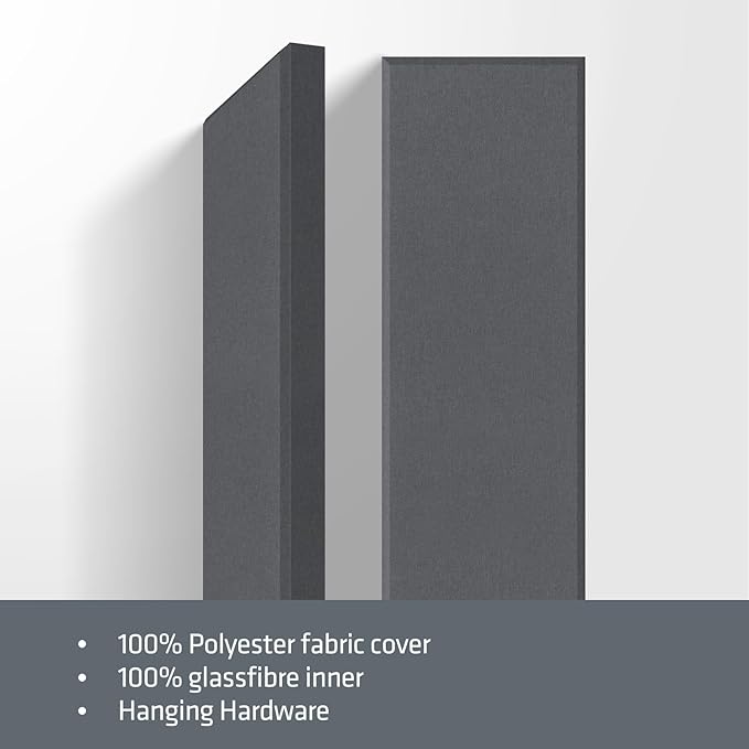 2” Thick Acoustic Panels with Hanging Brackets to the Wall, 2 PCS 47.2” x 11.8” Fiberglass Sound Absorbing Panels for Home Theater Church Office Wall or Ceiling, Medium Grey