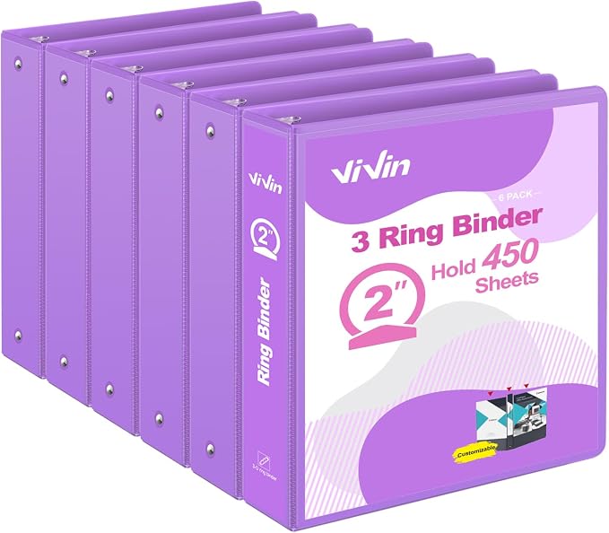 ViVin 2 Inch Round Ring View Binder for Durability, 6-Pack (Purple) | Standard 3 Ring Binder for 450 Sheets of US Letter Size Paper, PVC-Free, Clear Front Pocket, Office Home School Use