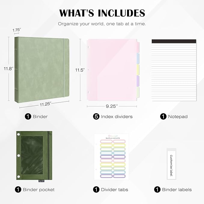Ospelelf Leather 3 Ring Binder for Letter Size Documents with Pocketed Dividers, 1 Inch Round Rings, Holds 175 Sheets, Binders with Storage Bag & Notepad, for Office School Home Organization, Green
