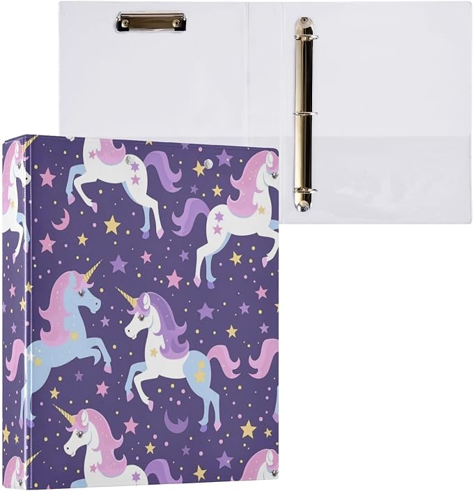 Purple Unicorns 3 Round Ring Binders | 1.5 Inch Binder with Clipboard, PVC Pockets, Work Organizer, Holds 200 Sheets for School Office 1 Pack