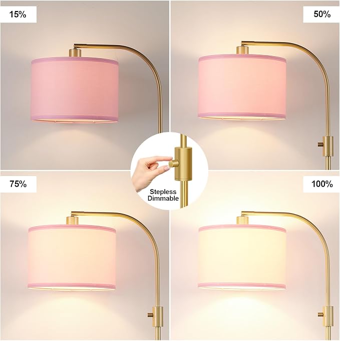 Nintiue Dimmable Floor Lamp, 1200 Lumens LED Edison Bulb Included, Arc Gold Floor Lamps for Living Room Modern Standing Lamp with Pink Linen Shade