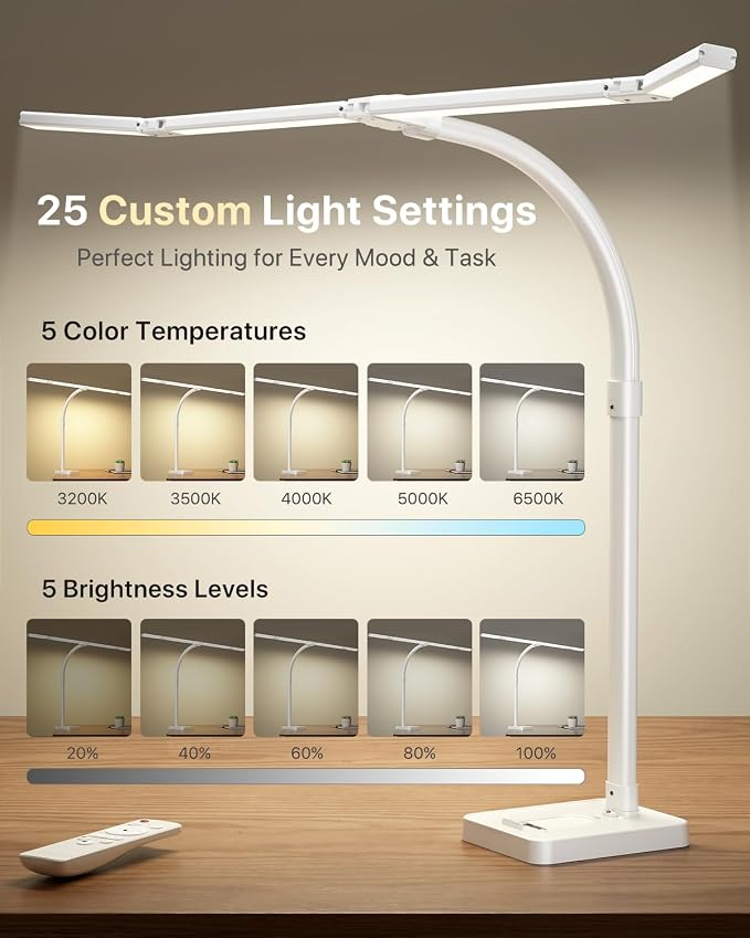 ONEMIX LED Desk Lamp with Base, 42-Inch 4-Panel Light for Dual Monitors | 1800 Lumens, 4 Adjustable Panels, 5 Color Temps, 5 Brightness Levels, Remote, Timer, Flicker-Free for Home Office