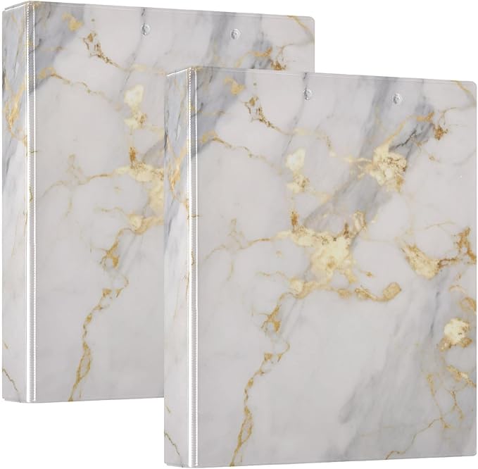 Grey Marble Gold Fluid 3 Ring Binder with 2 Interior Pockets 1.5 inch Binders 3 Ring Heavy Duty Fit 8.5" x 11" Letter Size for Office School, 2 Pack