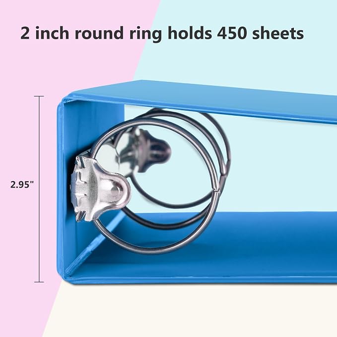 ViVin 2 Inch Round Ring View Binder for Durability, 6 Pack (Assorted) | Standard 3 Ring Binder for 450 Sheets of US Letter Size Paper, PVC-Free, Clear Front Pocket, Office Home School Use