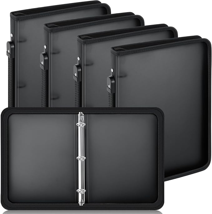 Teling 4 Pcs 1 Inch Zipper Binder 3 Ring Organizer, Black | Secure Zipper Closure, Refillable 3 Ring Design, Handle Carry, Fits Letter Size Papers for School, Office and Projects