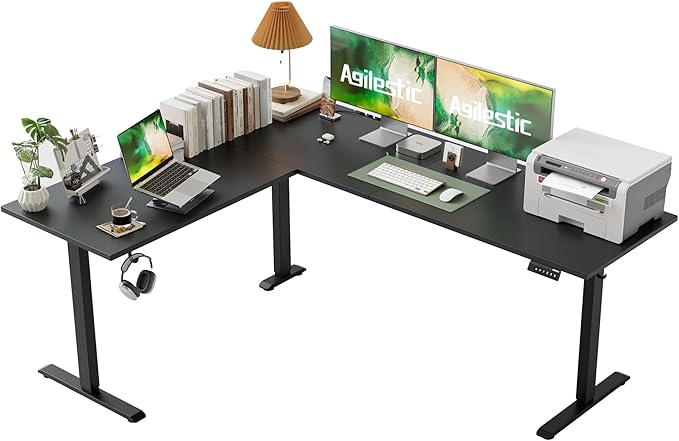 Agilestic 75 x 61 Inch L Shaped Electric Standing Desk, Black | Corner Desk, Ample Workspace, Memory Presets, Hooks, Stable Steel Frame,176 lbs Capacity, Easy Assembly, Splice Board