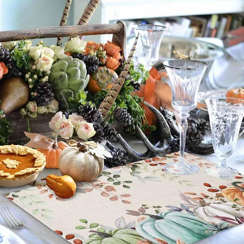Fall Thanksgiving Placemats Set of 6, Autumn Pumpkins Eucalyptus Leaves Heat Resistant Washable Dining Table Mats Fall Holiday Farmhouse Decor for Kitchen&Linens Outdoor Indoor, Blue Sage Green Orange