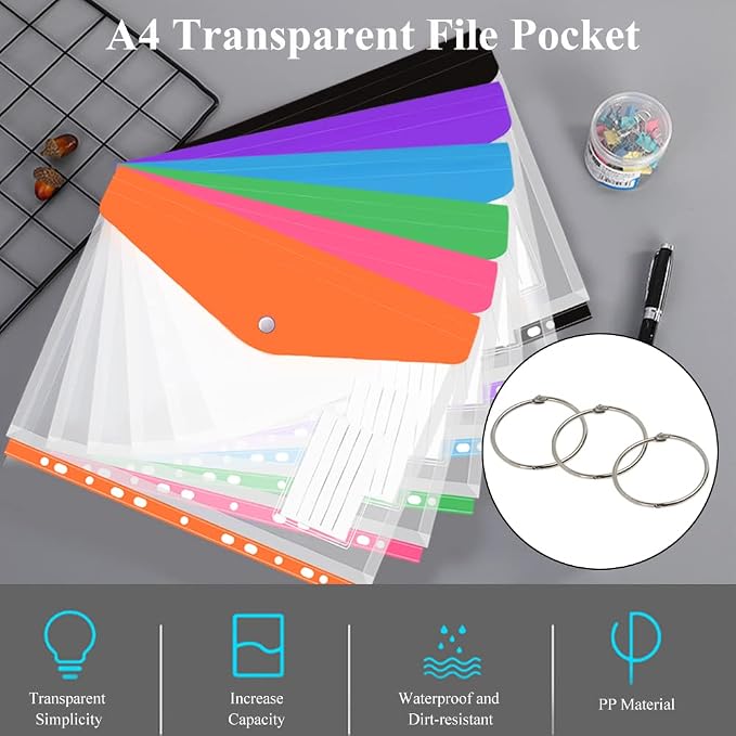 12 Pack Plastic Envelopes Binder Pocket 11 Holes Expandable Binder Folders for 2/3/4 Ring Document Pouch with Snap Button & Label Loose-Leaf Transparent for School Home Office (Side-Opening)