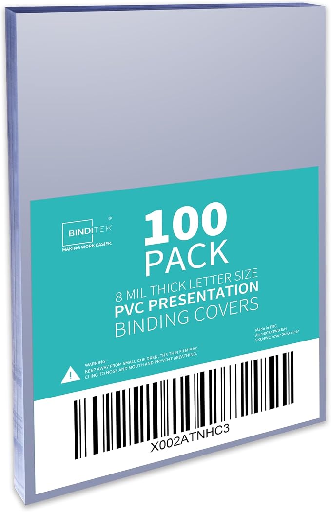 Binditek 8 Mil PVC Binding Covers, 8.5 x 11 Inches, Clear, 100 Pack | Plastic Binding Covers, 8.5" x 11" Letter Size, Clear, Square Corners, Unpunched, Ideal for Business Reports and Proposals