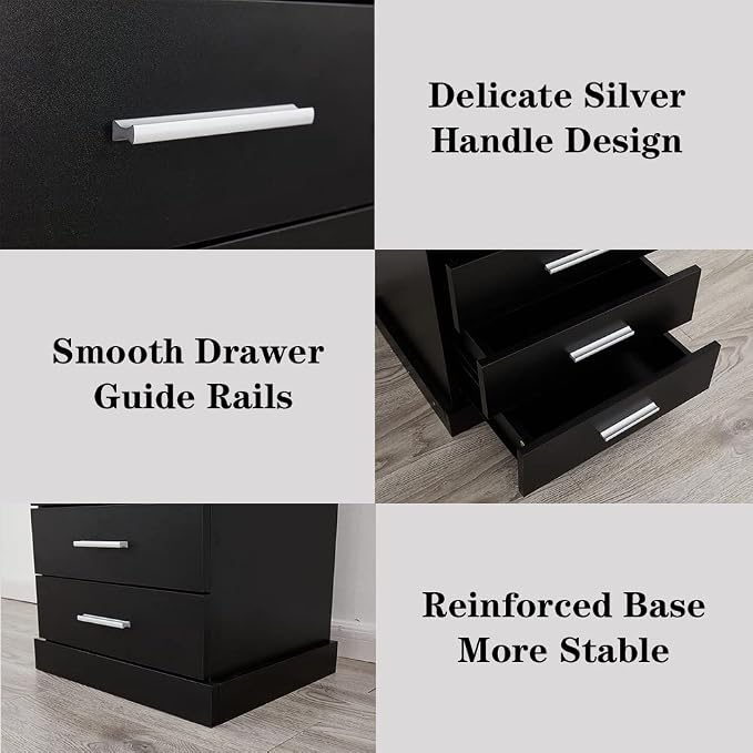 Halitaa Black LED Nightstand with Charging Station, Side Table with 3 Drawers and Light, End Table with Open Storage, Beside Cabinet for Bedroom (Black 2 Set)