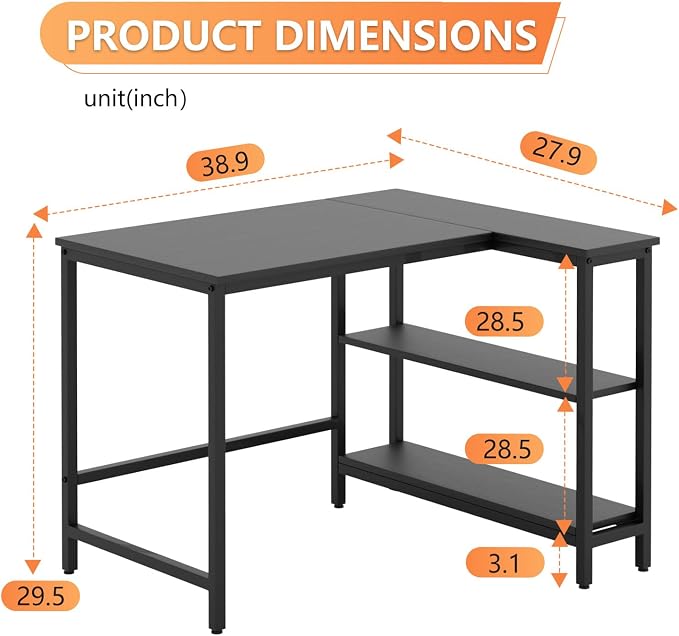 FDW L-Shaped Gaming Desk 39 Inch Computer Desk Corner Desks with Reversible Side Storage Shelves Study Desk Metal Frame PC Work Table for Home Office Dorm Sturdy Writing Workstation,Dark Black