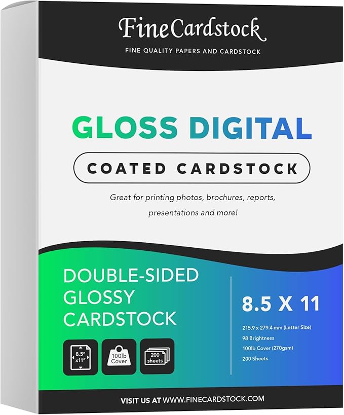 8.5 x 11" Double Sided Gloss Digital C2S Cardstock, 100lb Cover, 200 Sheets | Perfect for Color Laser Printing, Flyers, Brochures and Photos - Acid Free, Glossy Coated on Both Sides