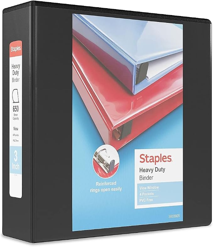 Staples Heavy-Duty 3-Inch D-Ring View Binder, Black – Large Capacity 3-Ring Binder for School & Office Storage