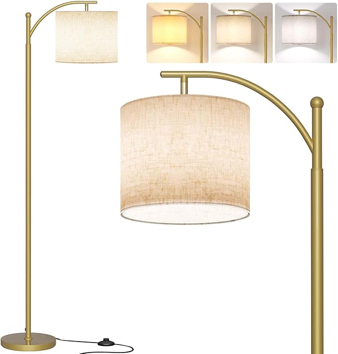 SUNMORY Arc Floor Lamp, Modern Floor Lamp with 9W 3 Color Temperatures Bulb | Metal Standing Lamps with Adjustable Hanging Lampshade,Tall Floor Lamps for Living Room,Bedroom, Gold