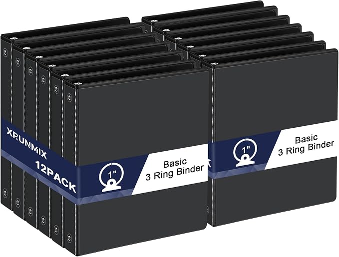 0.5-1-Inch 3-Ring-Binder with Pockets, Basic Binders 1-inch View Round Binders Holds US Letter Size 8.5'' x 11'' - Bundle Packs Perfect for Home, Office, and School (1'' - Black -12 Packs)