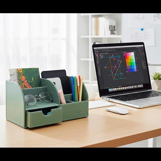 UnionBasic Desk Organizer - Multifunctional Leather Desktop Pen Holder Storage Box - Business Card/Pen/Pencil/Mobile Phone/Stationery Holder, Malachite Green