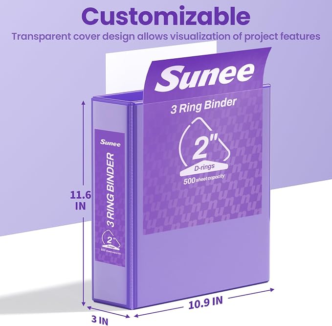 SUNEE 3 Ring Binder 2 Inch D Ring, Clear View Binder Three Ring PVC-Free (Fit 8.5x11 Inches) for School or Office Supplies, Dark Purple, 1 Pack