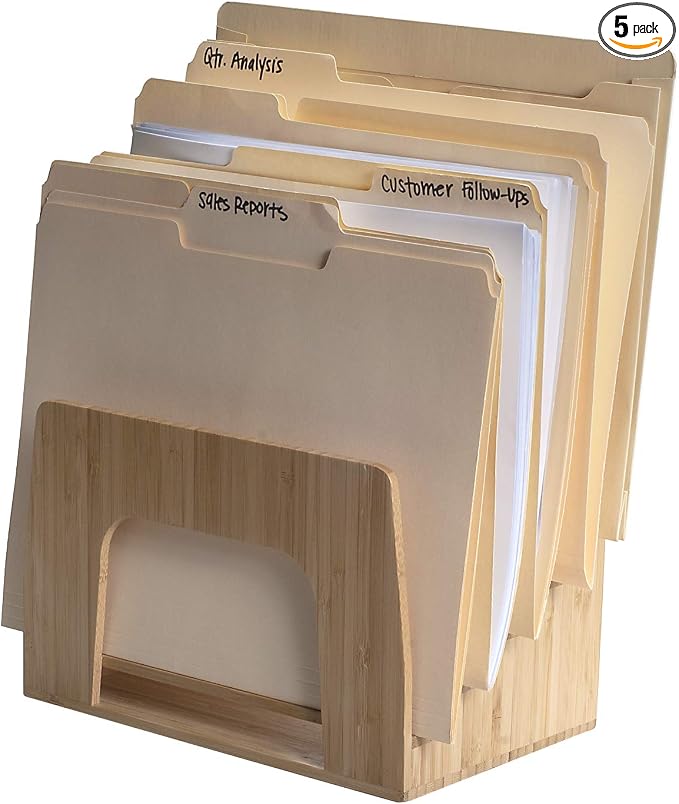 MobileVision Bamboo Desktop Inclined File Folder Organizer and Paper Tray, Upright Sections, Step Sorter, 5 Slots