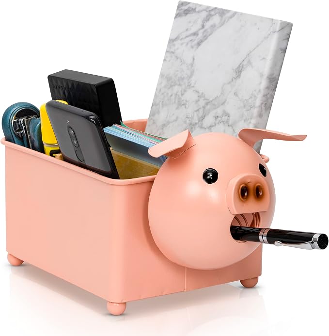 Desk Organizer, 1-5 Module Compartments - Storage for Stationery Supplies, Accessories, brushes - Home, Office, School, Dorm, Studio - Build in Pen & Pencil Holder (Pink Pig)
