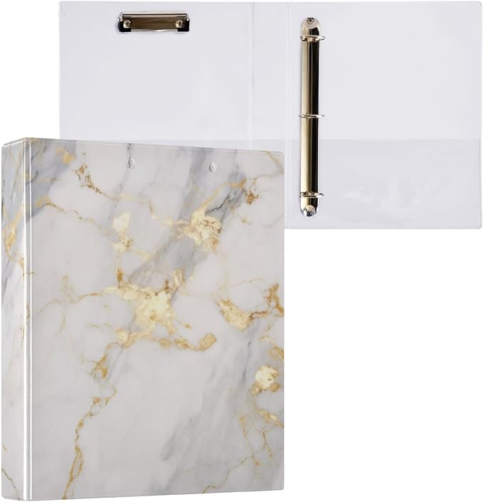 3 Ring Binder Grey Marble Gold Fluid 1.5 inch Binders Three Ring Binders with Clipboard Fit 8.5'' x 11'' Paper 3 Interior PVC Clear Pockets for Office Supplies