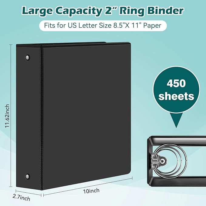 Heture 3 Ring Binder 2 Inch 6 Pack,2" Clear View with Round Rings, PVC-Free,Holds for 450 Sheets 8.5X 11 US Letter Size Paper, Durable Black Binders Perfect for Office,School and Home
