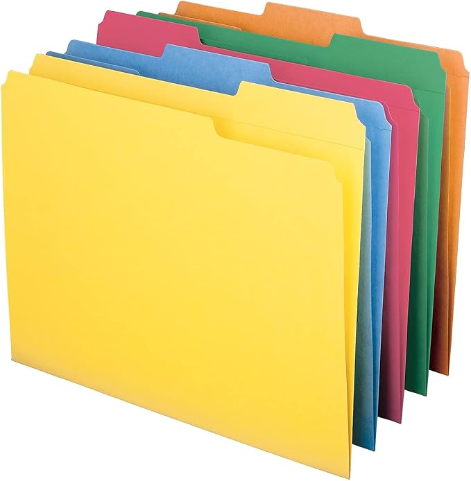 Smead File Folder, Reinforced 1/3-Cut Tab, Letter Size, Assorted Colors, 100 per Box (11993) | Premium colored stock, two-ply reinforced tabs in 3 positions, color-coded home and office drawer filing, SFI certified