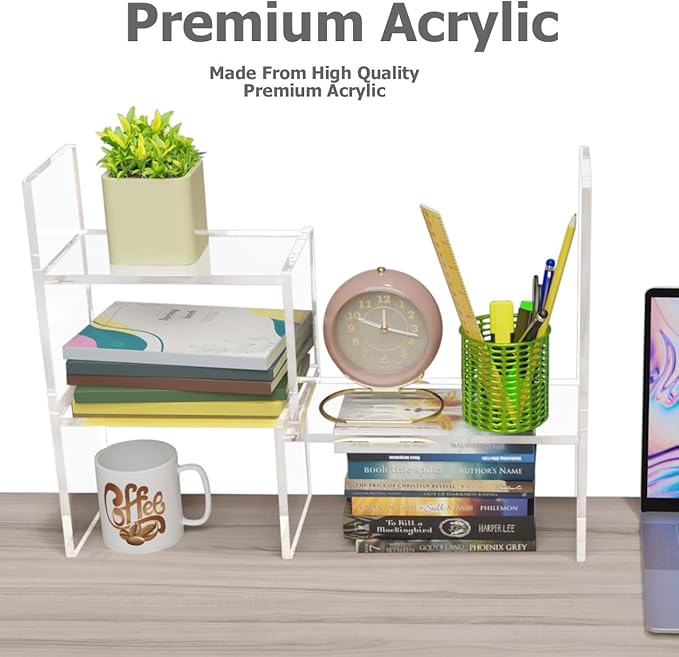 Adjustable Acrylic Desk Shelf for Top of Desk: Clear Desktop Shelf, Premium Desktop Bookshelf Organizer, Office Table Book Shelves