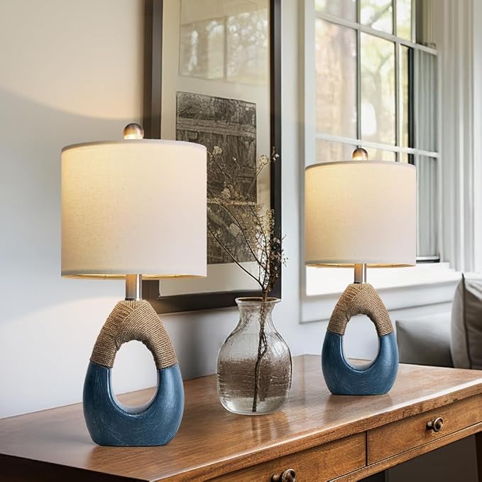 19" Boho Bedside Lamps Set of 2, Suitable for Small Spaces, Blue Table Lamps for Living Room & Coastal Farmhouse End Tables