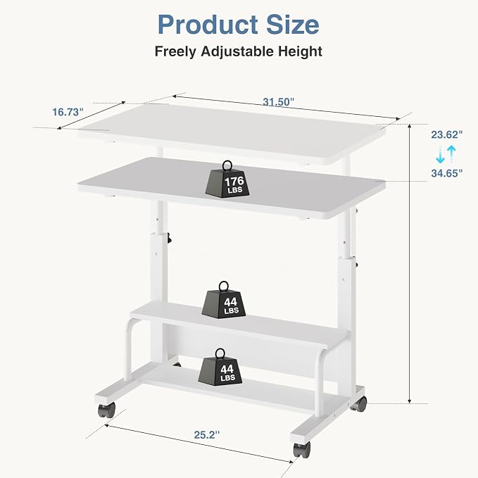 DUMOS Rolling Desk, Storage Shelves, Laptop Table, Home Office | Height Adjustable Design, Computer Desks on Wheels, Portable for Small Spaces Use, White
