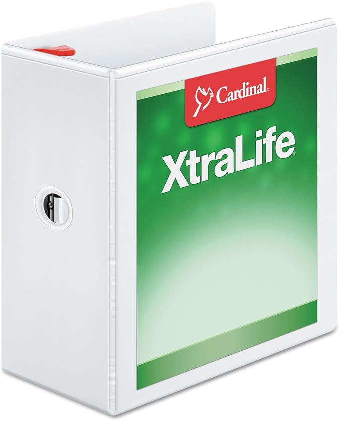 Cardinal 3 Ring Binder, 5 Inch Heavy Duty XtraLife Binder, Locking Slant-D Rings, Crack-Resistant Cover & Spine, ClearVue Covers with Shelf Pull, Holds 1,100 Sheets, White (26350)