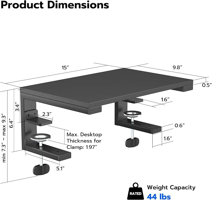 ARES WING Clamp-On Desk Extender Monitor Shelf, 15x9.8 up to 44lbs | Desktop Riser for Office/Gaming，Space Booster，Freestanding or Clamp Mount，No Drill Desktop Organizer，Black