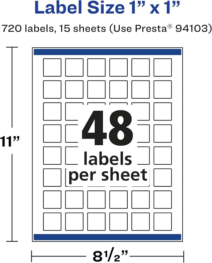 Avery® Matte White Removable Square Labels, Sure Feed® Technology, Print-to-The-Edge, 1" x 1", 720 Removable Labels, Laser/Inkjet Printable