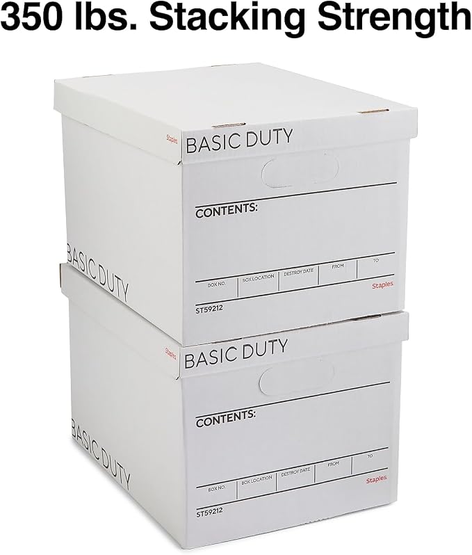 STAPLES Storage & Filing Box, Basic-Duty with Handles & Removeable Lid, Letter & Legal Size Documents, Stackable, 20-Pack, White/Black