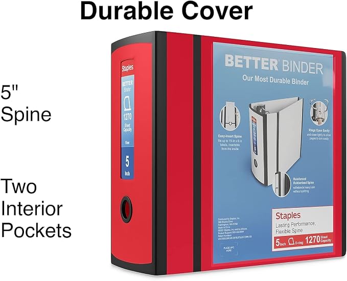 Staples Better 5-Inch D-Ring View Binder, Red, Reinforced Spine | Extra-large capacity binder for archiving everyday office documents.