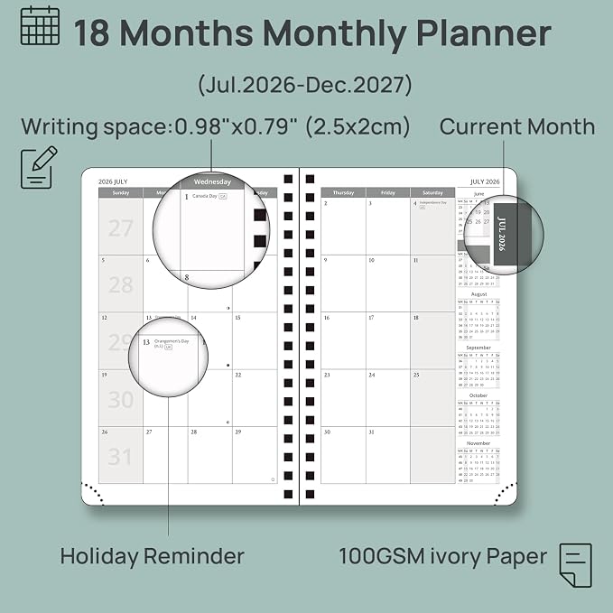 POPRUN 2026-2027 Monthly Planner, 4" x 6.25" Small Agenda,18 Month Calendar