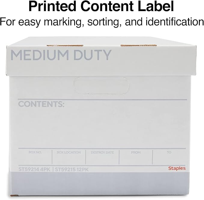STAPLES Storage & Filing Box, Letter Size, Stackable, 12-Pack, White/Gray | Medium-duty boxes with handles and removable lid for document storage.