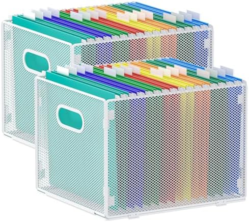 samstar 2 Pack Hanging File Organizer, Mesh File Folder Box Filing Box Cabinet Organizer Storage Boxes, Letter Size,White