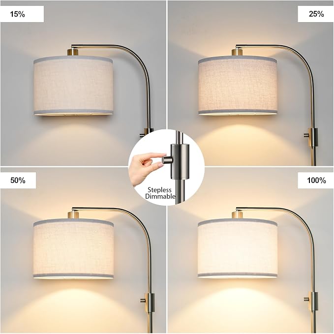 Nintiue Upgraded Modern Arc Dimmable Tall Standing Floor Lamp with Linen Shade, 1200 Lumens LED Bulb Included, for Living & Reading Room, Bedroom, Office & Nursery, Brushed Nickel