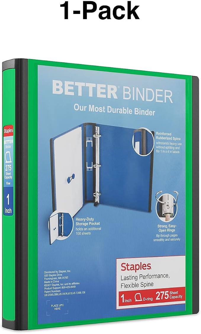 Staples Better View 1-Inch D-Ring Binder, Green, Clear Overlay | Durable 3-ring binder for school and office document organization.