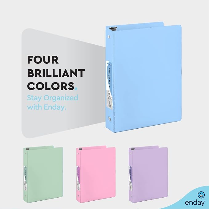 Enday 1 Inch Binder - 1 Inch 3 Ring Binder, Round Ring Pastel with Clear View Cover for Letter Size 8.5 x 11'' Paper & 2 Inside Pockets, for School Supplies, Office, & Home - 4 Pack