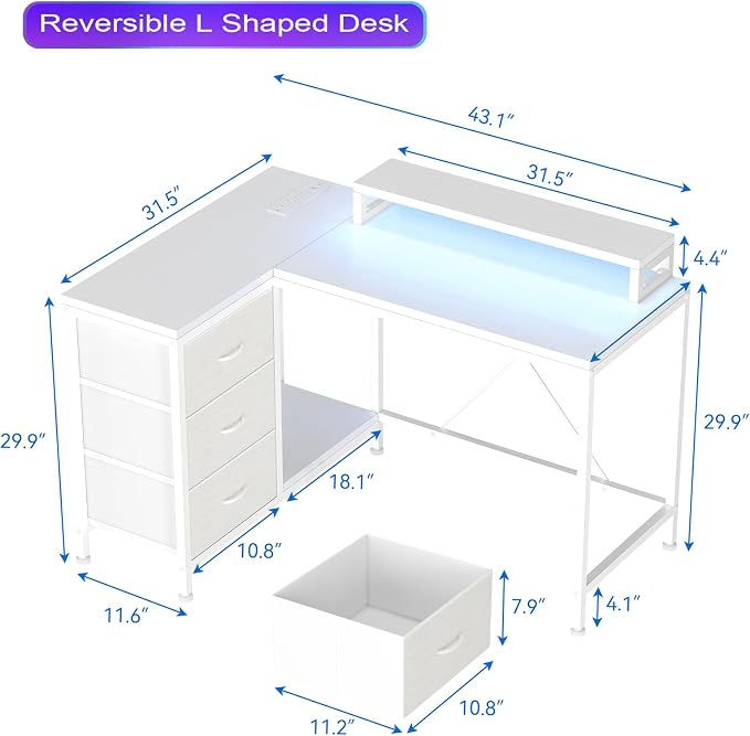 Garvee L-Shaped Computer Desk with Power Outlets & LED Lights - 43-Inch Reversible Corner Gaming Desk with 3 Drawers, Storage Shelves & Removable Monitor Stand, Modern Home Office Desk