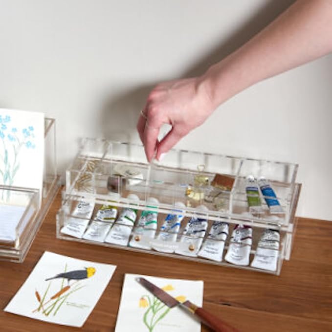 russell+hazel Acrylic Desk Organizer Tray with 3 Dividers, Clear | Sorts clips, push pins & makeup with three movable dividers. Clear polished-edge acrylic suits a countertop or desk drawer.